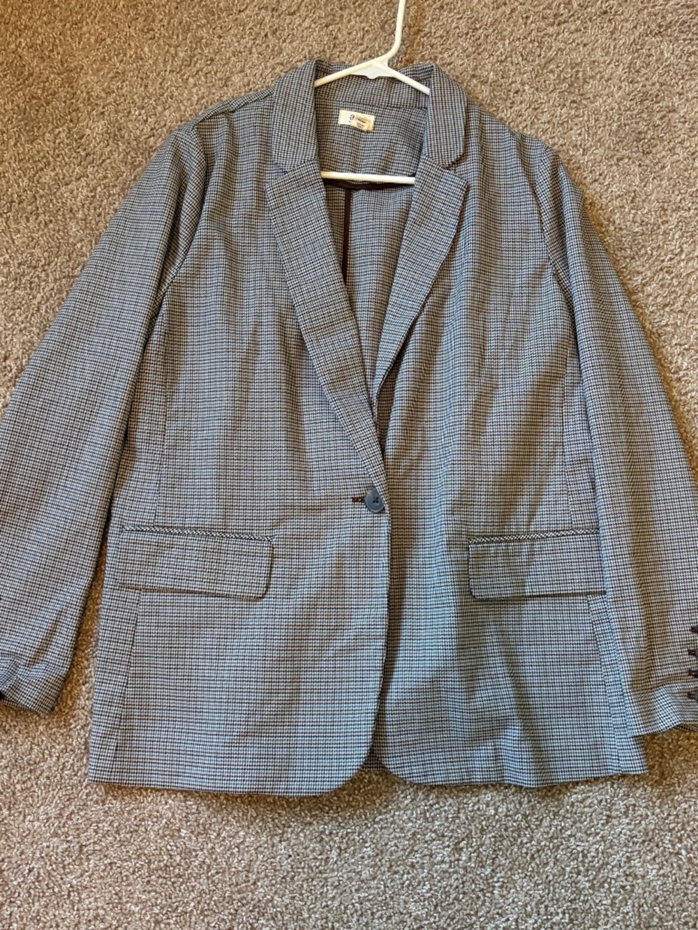 Women's M Houndstooth Blazer - Front Pockets, Single Button Closure, Oversized